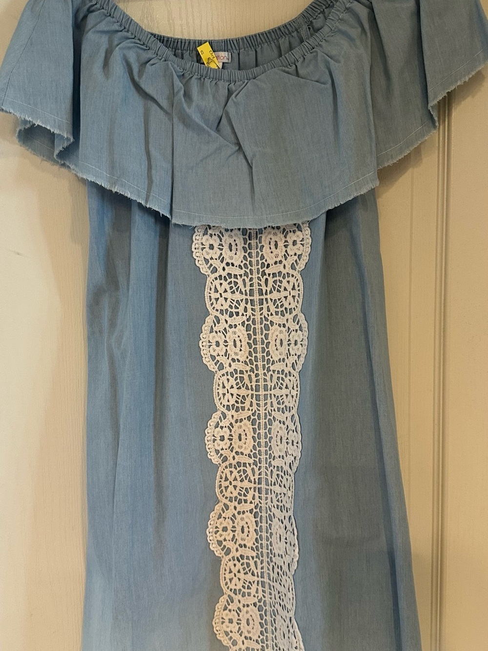 Light Denim Off-Shoulder Dress with White Crochet Trim